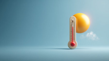A vibrant illustration featuring a thermometer and a bright sun, perfect for representing hot summer days, climate change, and warmth.の素材