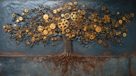 This striking artwork features a tree made entirely of metallic gears, symbolizing the fusion of nature and technology through intricate craftsmanship and design.の素材