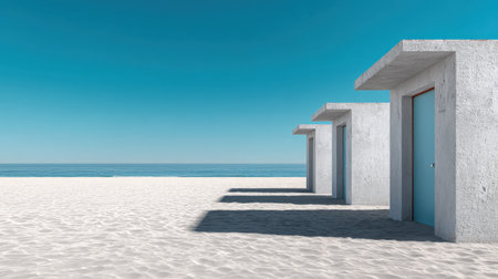 A captivating minimalist beach scene showcasing modern concrete structures against a clear blue sky, evoking a sense of serenity and tranquility.の素材