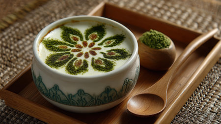 A beautifully crafted matcha latte in a ceramic bowl features an artistic floral design. Served with a wooden spoon and matcha powder.の素材