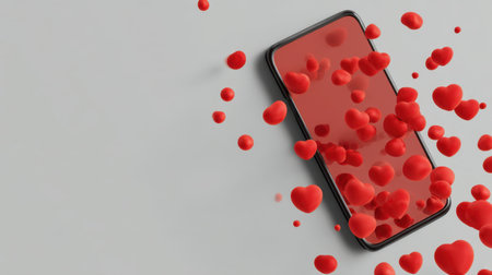 A vibrant smartphone surrounded by floating red hearts creates a cheerful and romantic atmosphere, perfect for Valentine's themes and visual enjoyment.の素材