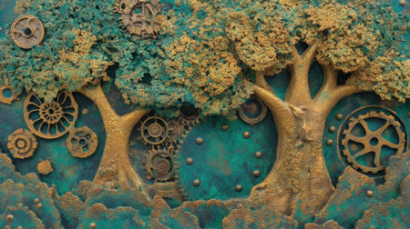 This artistic representation showcases steampunk trees intertwined with intricate gears and mechanical elements, creating a unique blend of nature and technology.の素材