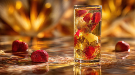Delight in a refreshing beverage featuring strawberries and citrus in sparkling water, set against a warm golden background. A perfect summer thirst-quencher!の素材