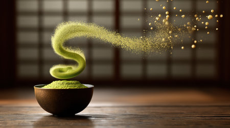 A captivating swirl of vibrant matcha powder rises from a wooden bowl, set against a serene background, evoking tranquility and culinary art.の素材