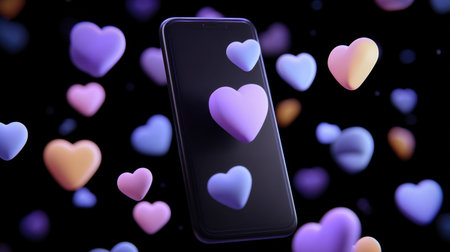 A captivating scene showcasing colorful 3D hearts floating around a smartphone against a dark background, symbolizing love and connection in the digital age.の素材