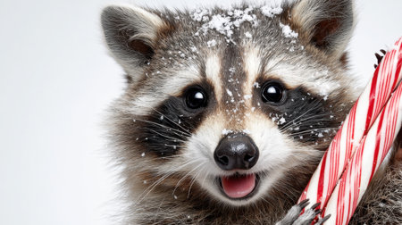 An adorable raccoon with a snowy coat is playfully holding a candy cane, showcasing a joyful expression perfect for winter-themed visuals.の素材