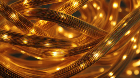 Close-up view of twisted metallic strands intertwined with warm lights, creating a mesmerizing and enchanting ambiance perfect for decoration.の素材