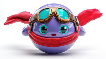 This adorable cartoon character features a purple body with a big smile, a red scarf, and charming goggles, perfect for capturing attention in any playful setting.の素材