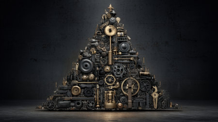 A striking arrangement of vintage mechanical parts, including gears and brass elements, formed into a pyramid shape against a dark background.の素材