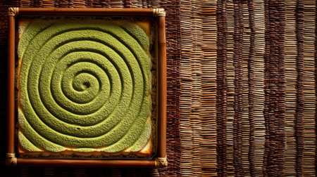 A serene green zen garden featuring a spiral sand pattern in a wooden tray. The natural fiber background enhances the calm and peaceful atmosphere.の素材
