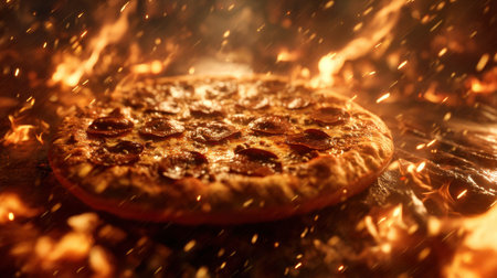 A mouthwatering pepperoni pizza emerges from roaring flames, showcasing an inviting golden crust and bubbling cheese, perfect for food lovers.の素材