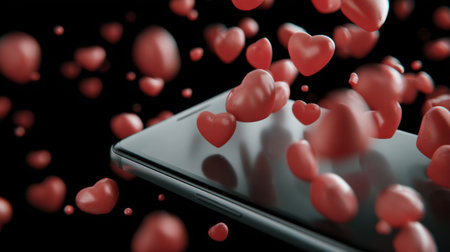 A stunning 3D illustration showing a smartphone surrounded by floating red hearts, symbolizing love and connection in a digital age.の素材
