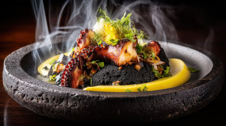A stunning dish featuring tender grilled octopus served on a rustic plate, enhanced by smoke and vibrant garnishes, ideal for fine dining.の素材