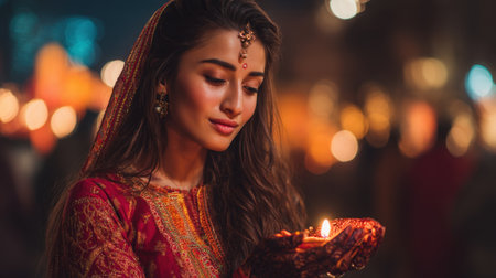 A graceful woman dressed in traditional attire holds a beautifully lit diya during a vibrant night festival, surrounded by glowing lights.の素材