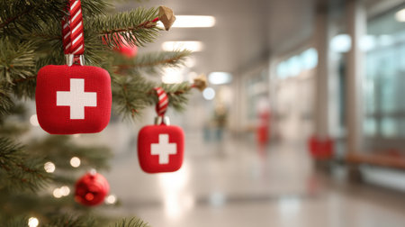 A vibrant Christmas tree adorned with red ornaments featuring a cross symbol, creating a warm and festive atmosphere in a modern indoor space.の素材