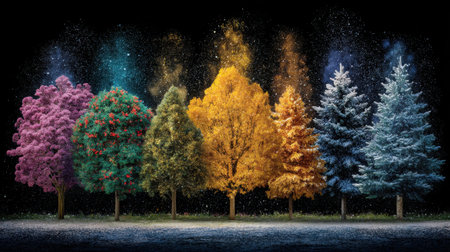 A captivating scene showcasing a row of trees in various vibrant colors, set against a starry night background. The magical atmosphere creates an enchanting landscape, representing the beauty of nature through changing seasons.の素材
