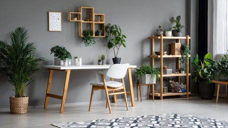 A stylish home office featuring a modern desk and chair set against a soothing gray wall, adorned with greenery and decorative items, creating a tranquil workspace.の素材