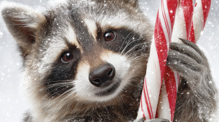 This charming raccoon grips a vibrant candy cane in its paws amidst a snowy landscape, capturing the essence of winter joy and festive spirit.の素材