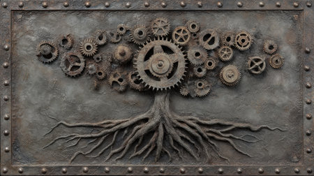 This captivating artwork features a mechanical tree made of gears and roots, showcasing a unique blend of nature and technology, perfect for design inspiration.の素材