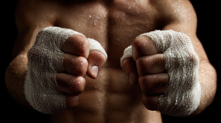 A strong male athlete prepares for competition, showcasing wrapped hands and a defined physique. The dramatic shadows enhance the intensity and focus evident in his posture.の素材