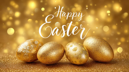 Celebrate Easter with this beautiful image of golden eggs and a cheerful message. Perfect for spring-themed designs, greetings, and festive decorations.の素材
