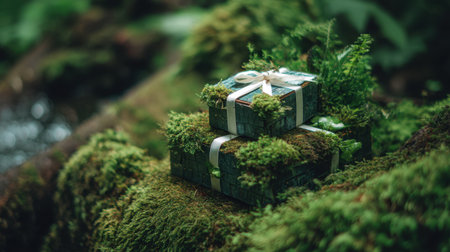 Discover a serene image of eco-friendly gifts adorned with lush moss and greenery, perfect for nature lovers and sustainable living enthusiasts.の素材