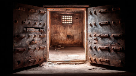 An open metal door reveals a dimly lit, abandoned room filled with rustic textures and shadows, inviting intrigue and evoking a sense of mystery.の素材
