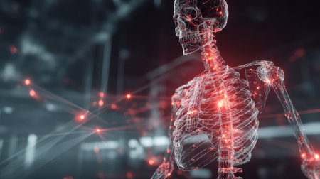 Explore the intricate details of a digital human skeleton illuminated with glowing elements, representing advanced technology and healthcare innovation in a high-tech environment.の素材