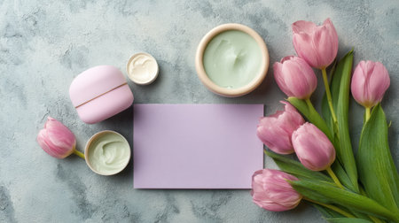 A visually appealing flat lay arrangement featuring soft pink tulips alongside cream containers on a textured grey background. Perfect for beauty and skincare themes.の素材