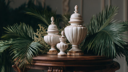 This image beautifully captures elegant decorative vases with intricate designs, harmoniously placed on a wooden table and surrounded by lush palm leaves, enhancing any elegant interior setting.の素材