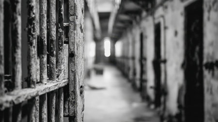 This black and white photograph captures an abandoned prison hallway, showcasing rusty bars and a dimly lit corridor that evokes a sense of eerie solitude.の素材