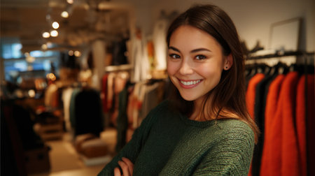 A smiling young woman in a green sweater poses confidently in a clothing store filled with colorful garments, radiating positivity and warmth in a stylish atmosphere.の素材