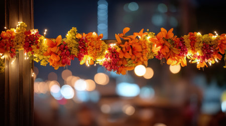 A stunning close-up of a colorful floral garland adorned with bright lights, creating an enchanting atmosphere in an urban night scene.の素材