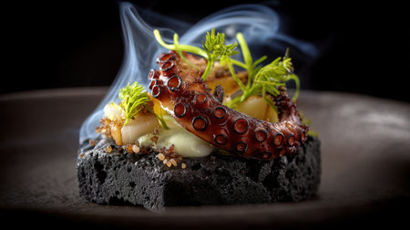 This striking culinary creation features smoked octopus served on a charcoal plate, adorned with fresh herbs and elegant garnishes, showcasing modern gourmet cuisine.の素材