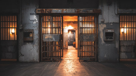 This image captures a haunting prison corridor featuring rusty metal bars and dim lighting, evoking a sense of abandonment and solitude in a decaying environment.の素材