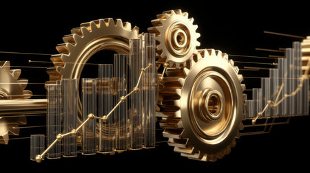 Captivating image of golden gears intertwined with sleek graphs, symbolizing economic growth and innovation, showcasing the relationship between technology and finance.の素材