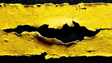 This close-up image features peeling yellow paint against a black background. The textures and layers create a striking abstract art piece, showcasing decay and contrast.の素材