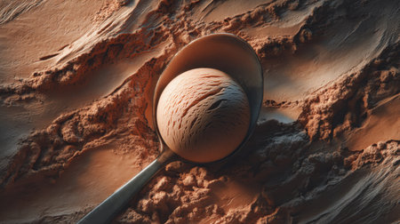 This image showcases a close-up of a melting chocolate ice cream scoop placed on a rustic wooden background, highlighting its rich texture and warm tones.の素材