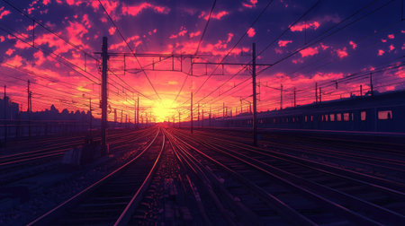 Empty railway tracks under a vibrant sunset, colors reflecting off the steel rails as the day fades to night.の素材