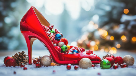 Christmas-themed red high heel shoe packed with festive candy and baubles, creating a unique holiday decor idea.の素材