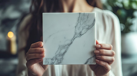 Close-up of a woman holding a polished marble sample, considering it for interior decor or architectural purposes.の素材