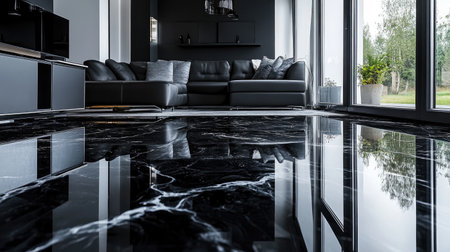 High-end room with glossy marbled epoxy flooring, metallic details adding sophistication to the contemporary space.の素材