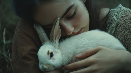 Woman cuddling her pet rabbit, a soft moment symbolizing the deep love and affection between human and animal.の素材