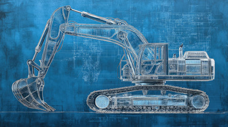Excavator with technical blueprint overlay, illustrating design details and mechanical structure for educational use.の素材