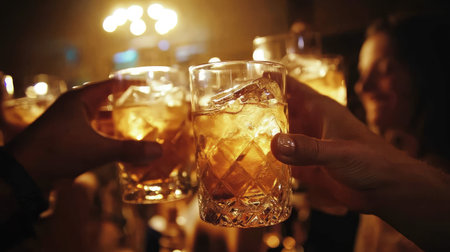Friends cheering and raising glasses in a joyful toast.の素材