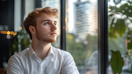 Young entrepreneur looking out the window in a city office, symbolizing ambition and future goals.の素材