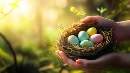 Close-up of hands holding a nest with colorful Easter eggs in a nature setting.の素材