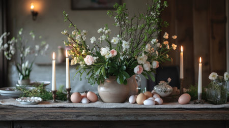 Rustic table with Easter eggs, candles, and flowers set for a cozy family gathering.の素材