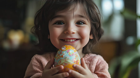 Joyful child showing off decorated Easter egg, capturing the spirit of celebration.の素材