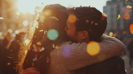 Friends embracing in celebration, with confetti and joy in the air.の素材